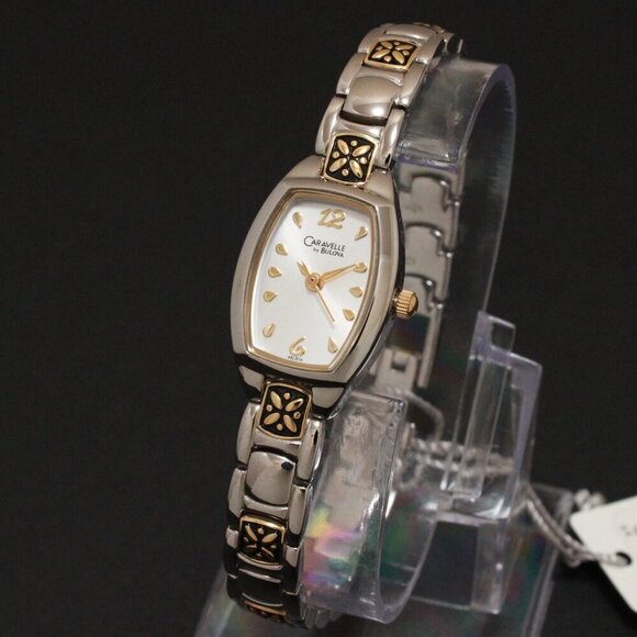 Caravelle Ladies Casual Quartz Watch Two Tone Raised Floral Design 17mm - Picture 4 of 12